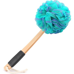 image:imageFORENEE Green and Purple Loofah on a Stick PE Mesh Back Scrubber  Soft PE mesh for rich lather and gentle cleansing waterresistant coated wood handle nonslip rubber grip and hanging loopGreen