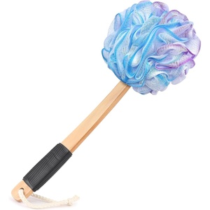 image:imageFORENEE Green and Purple Loofah on a Stick PE Mesh Back Scrubber  Soft PE mesh for rich lather and gentle cleansing waterresistant coated wood handle nonslip rubber grip and hanging loopPurple Blue White